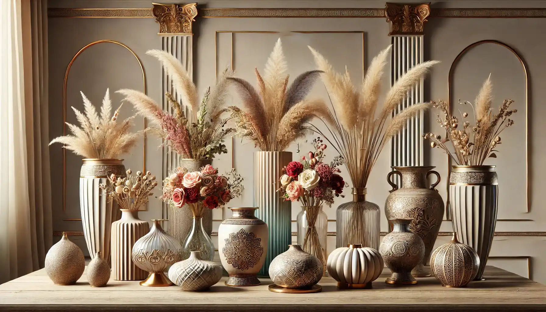 Assorted vases with floral and pampas grass arrangements.