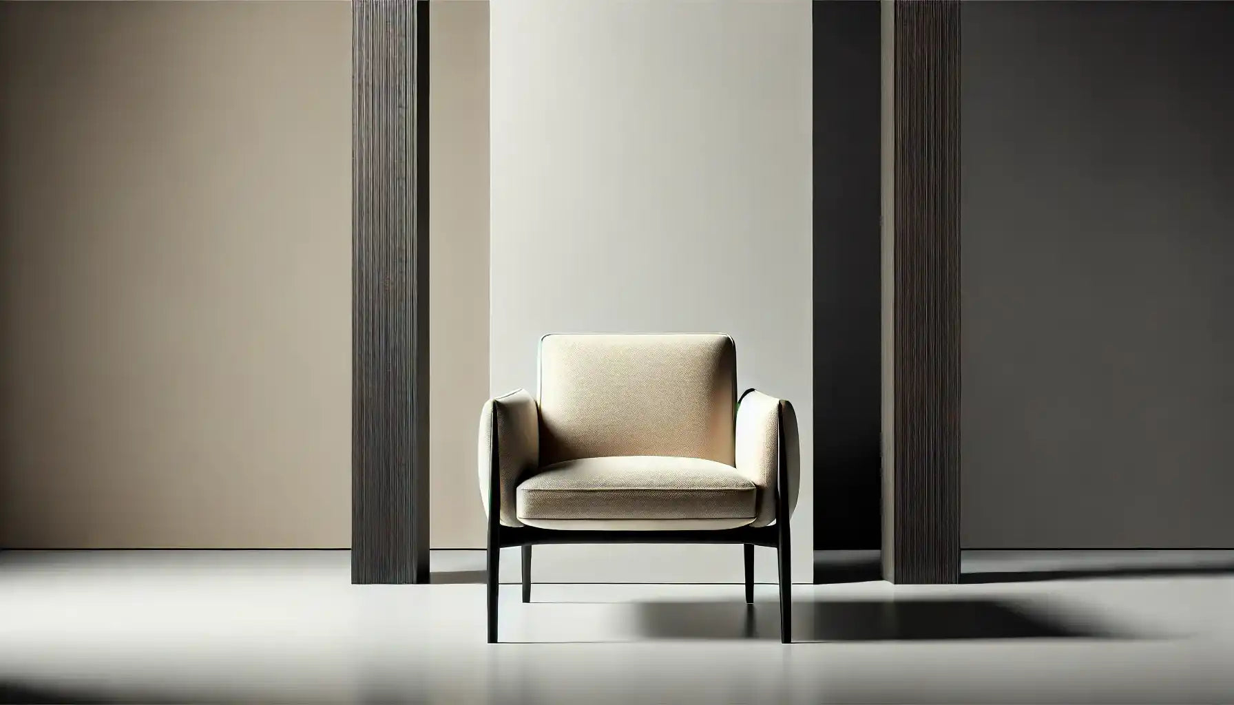 Beige armchair with dark frame.