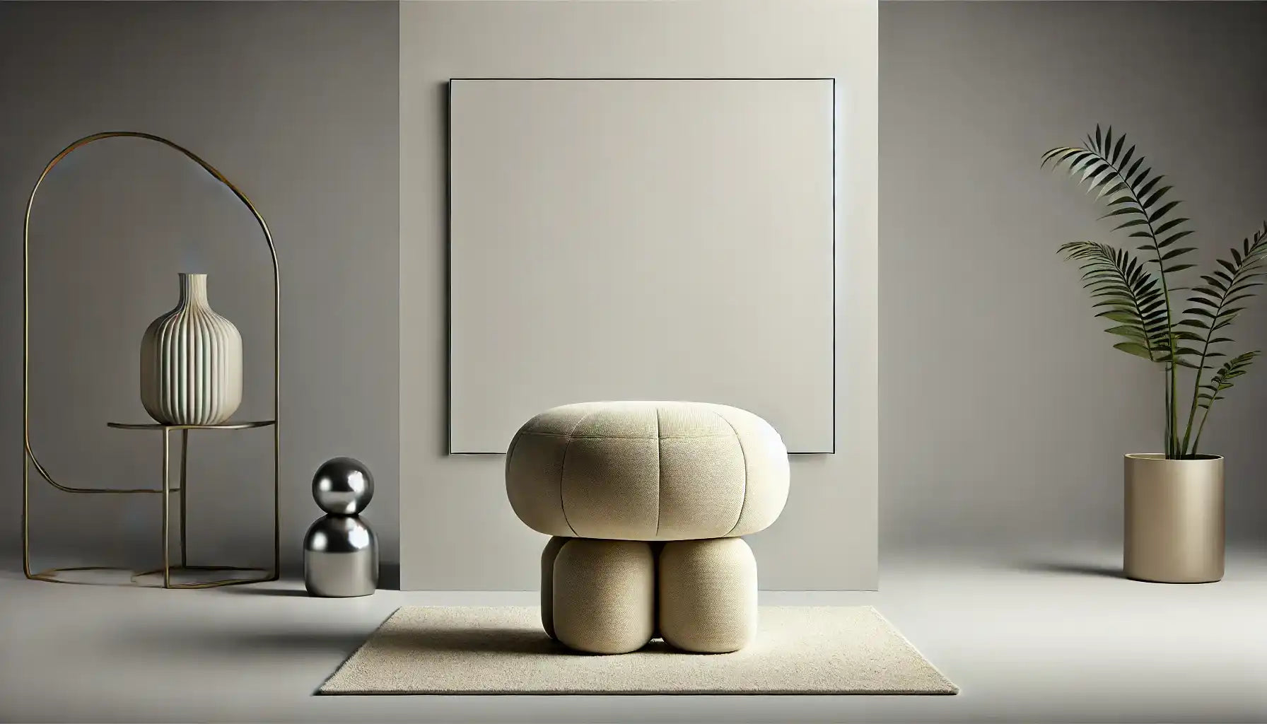 Beige, cushioned, stacked ottoman.