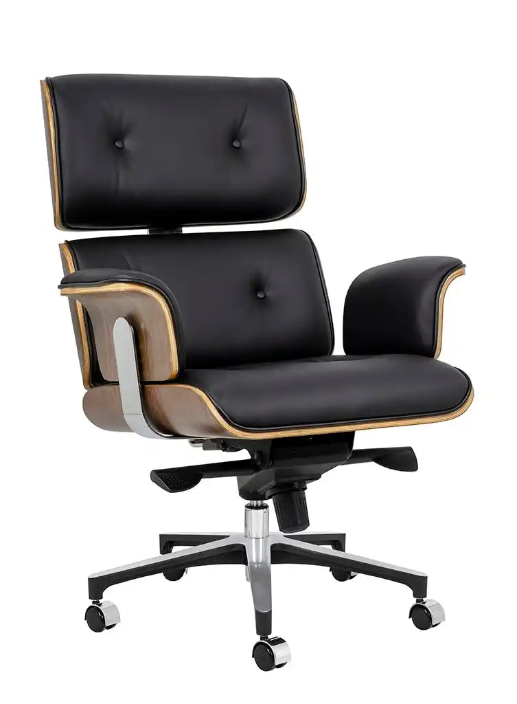 Kontorsstol - LOUNGE BUSINESS svart naturläder i valnöt