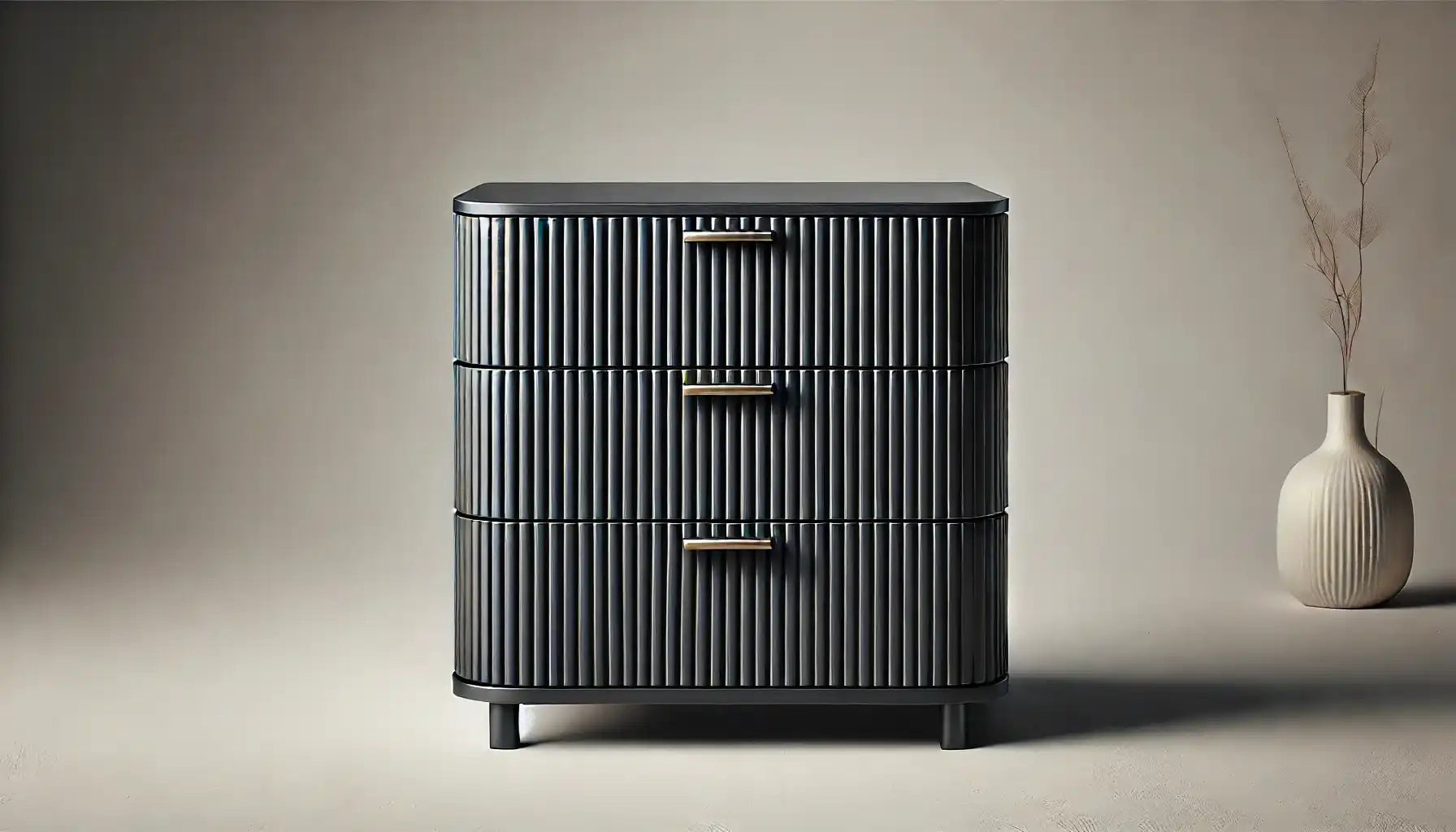 Dark, three-drawer dresser with fluted detailing.
