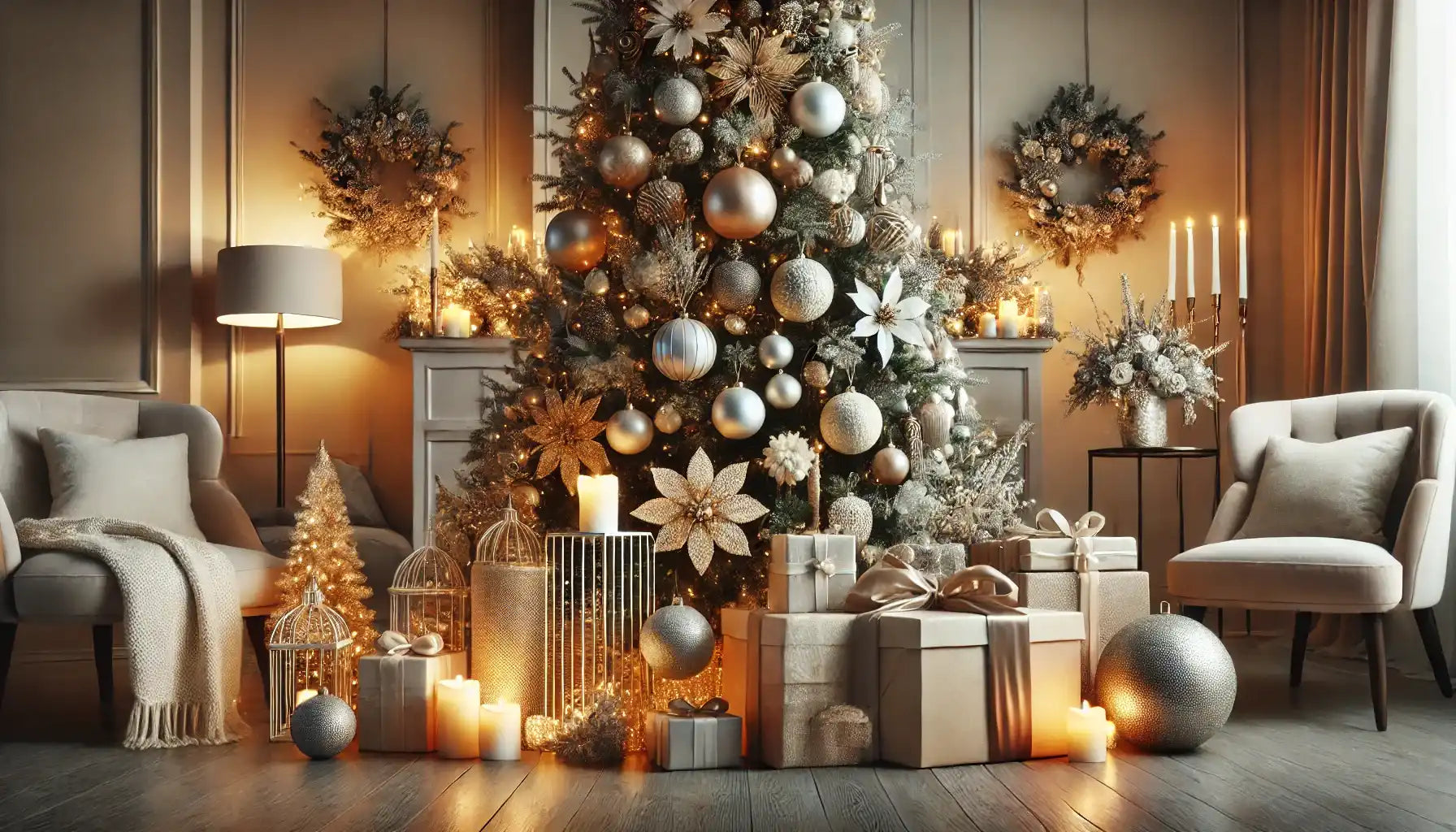 Decorated Christmas tree with gifts.